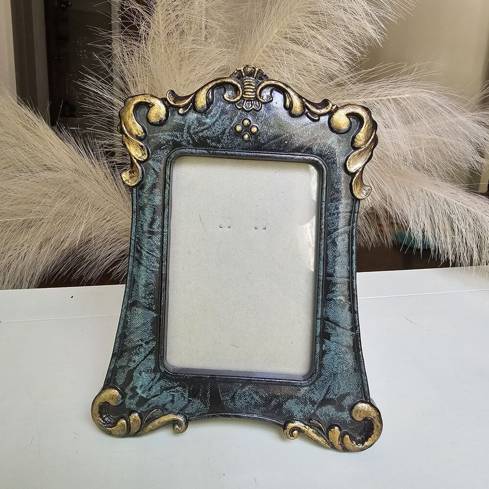 Ornate Baroque Style Photo Frame Green Gold Accents 7.5x5.5 Tabletop Vintage